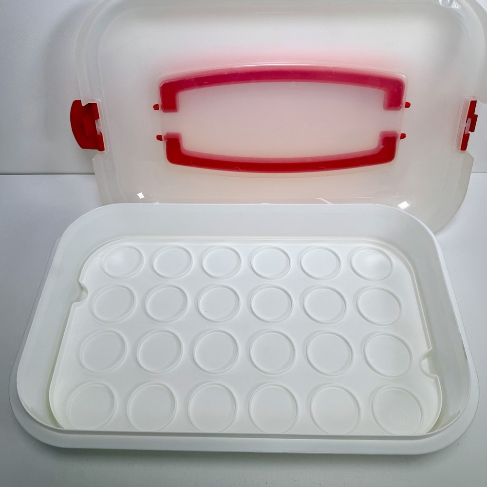 Cupcake Carrier 24 Mini / 12 Regular Flip Tray Lid Handle Portable Cake Holder